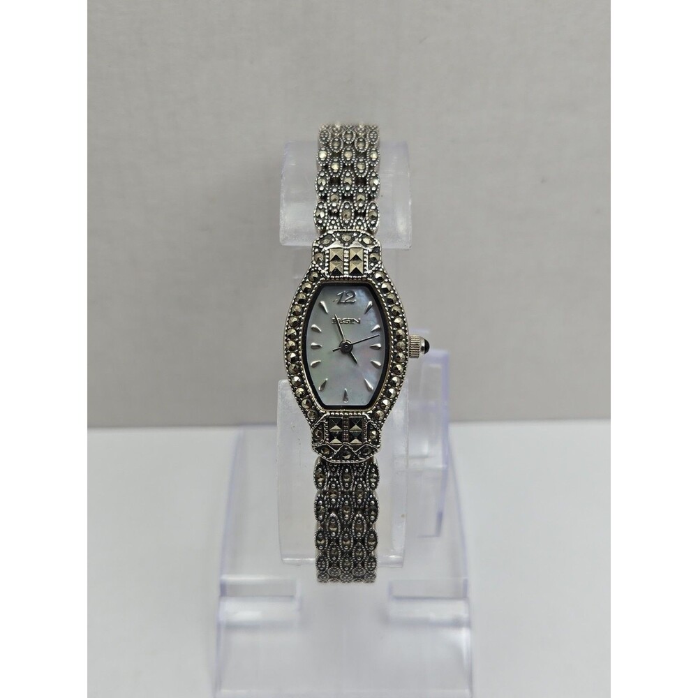 Elgin EG057 Womens Watch Silver Marcasite Mother of Pearl New Battery Working